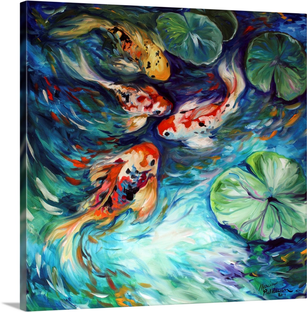 Square painting of four koi fish in a pond with lily pads and curved brushstrokes.