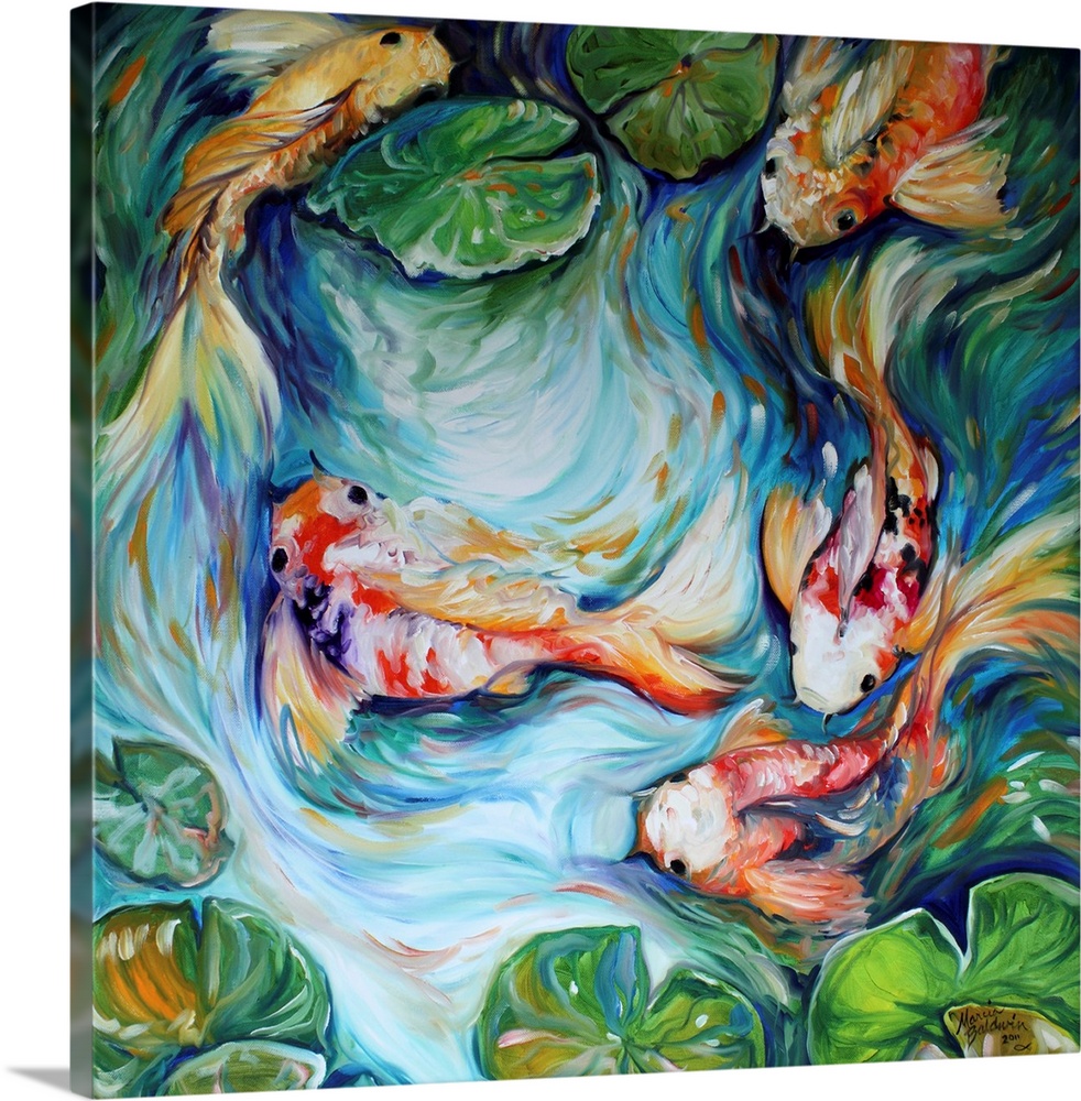 Square painting of five swimming koi fish in a pond with lily pads and curved brushstrokes.