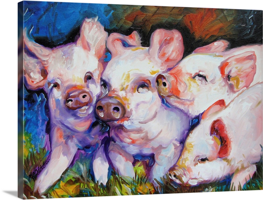 Contemporary painting of four little pigs snuggling together and covered in dirt on an abstract background.