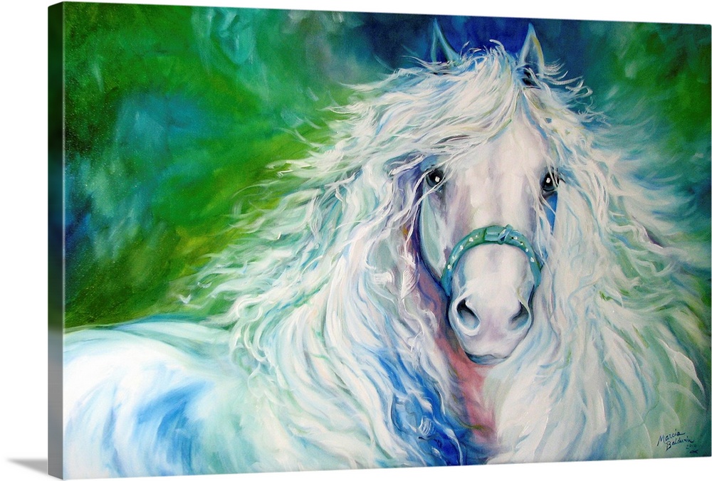 Contemporary painting of a white Andalusian horse with a flowing mane on a blue and green background.