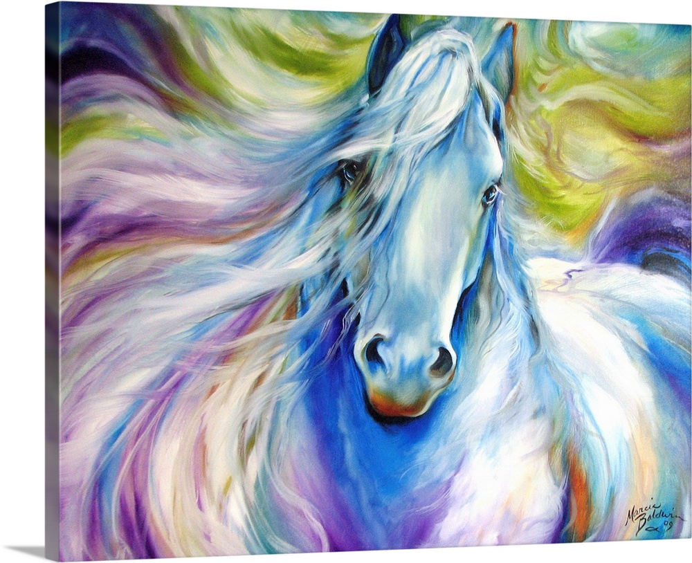 Contemporary painting of a beautiful horse create with flowing brushstrokes in majestic hues of purple, blue, and green.
