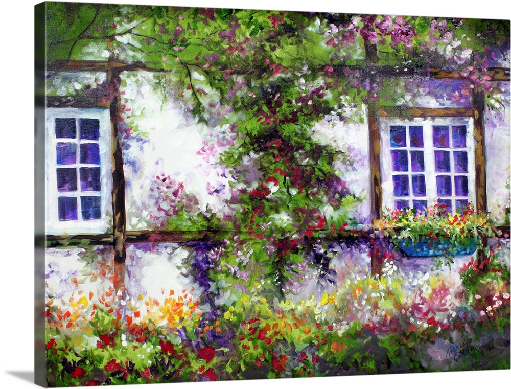 Contemporary painting of an English cottage covered in flowers and greens.