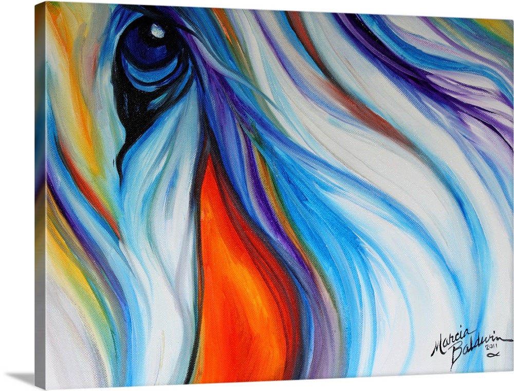 Colorful painting of a horse close-up with a flowing mane and compassionate stare.