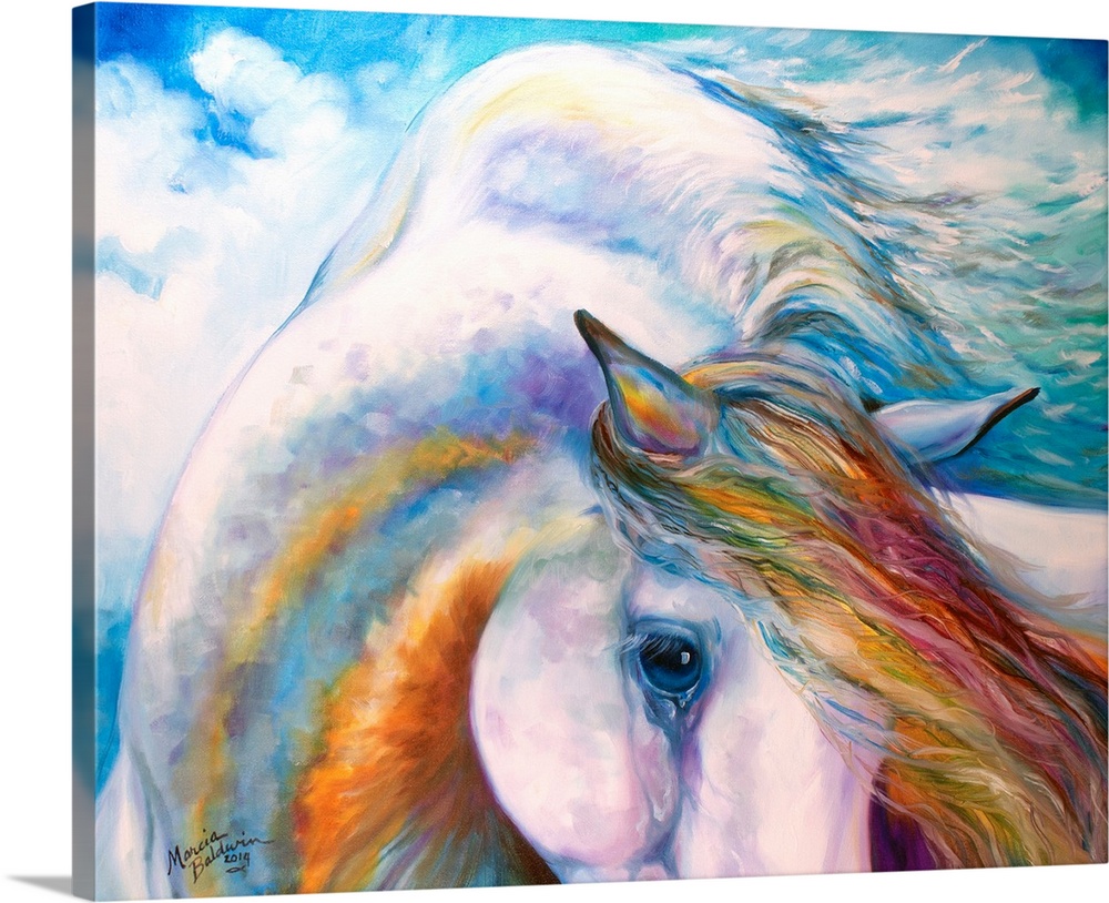 Contemporary painting of an angelic horse in rainbow colors and soft brushstrokes.