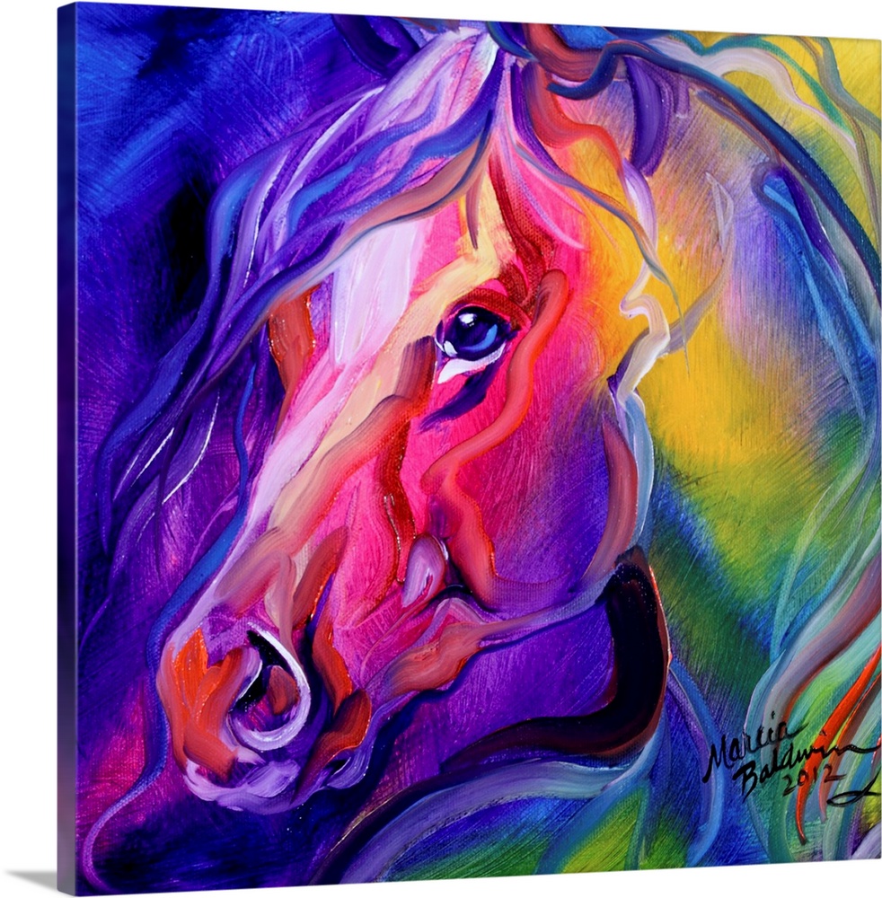 Contemporary square painting of a vibrant, colorful horse created with abstract brushstrokes.