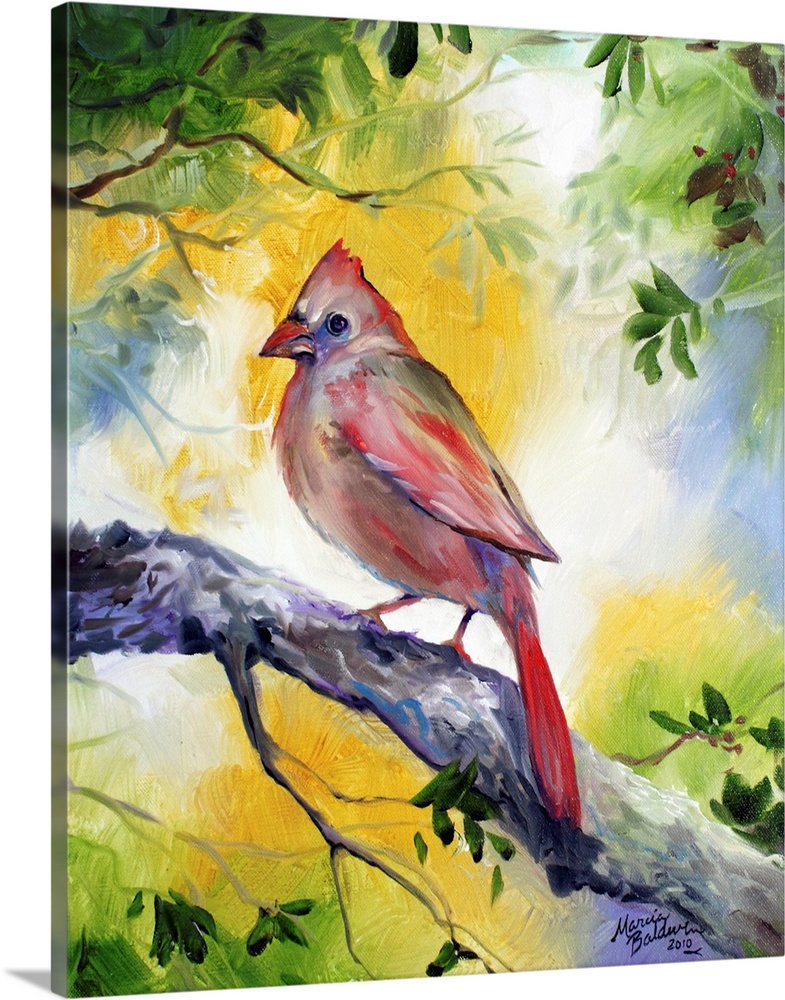 Contemporary painting of a female cardinal perched on a branch with leaves and branches all around and a golden lit backgr...