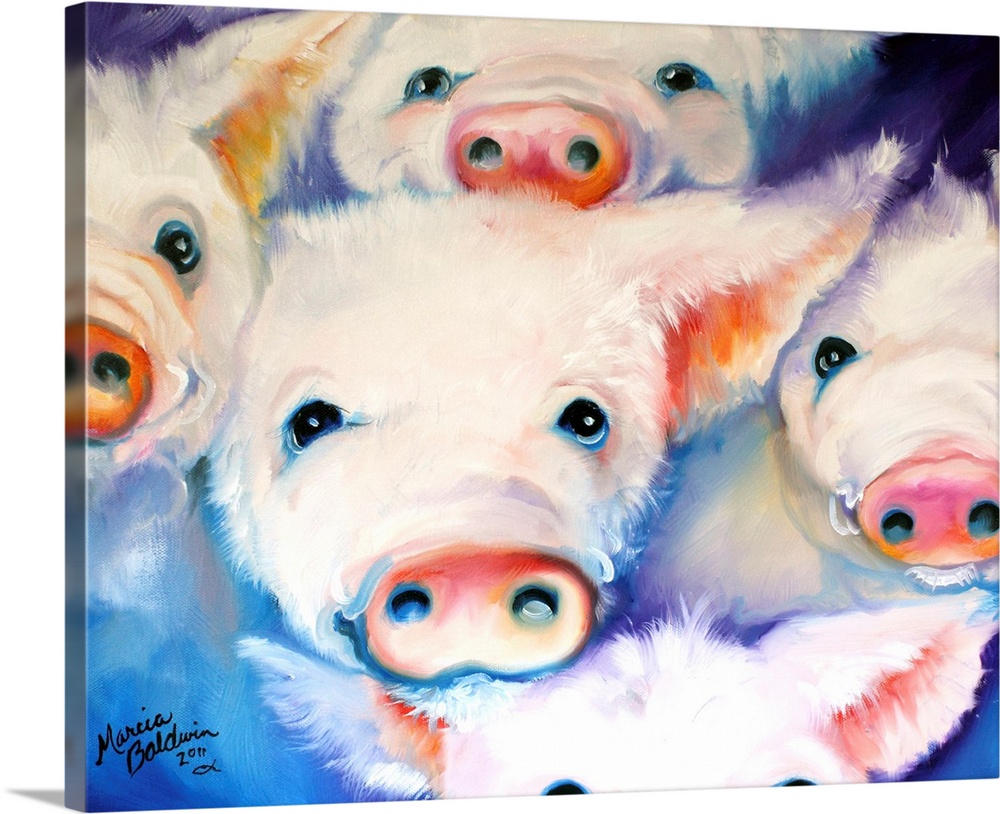 Contemporary painting of five pink piglets with a blue and purple background.