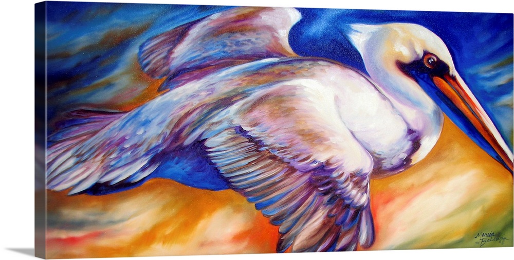 Contemporary painting of a pelican in flight with a colorful background.
