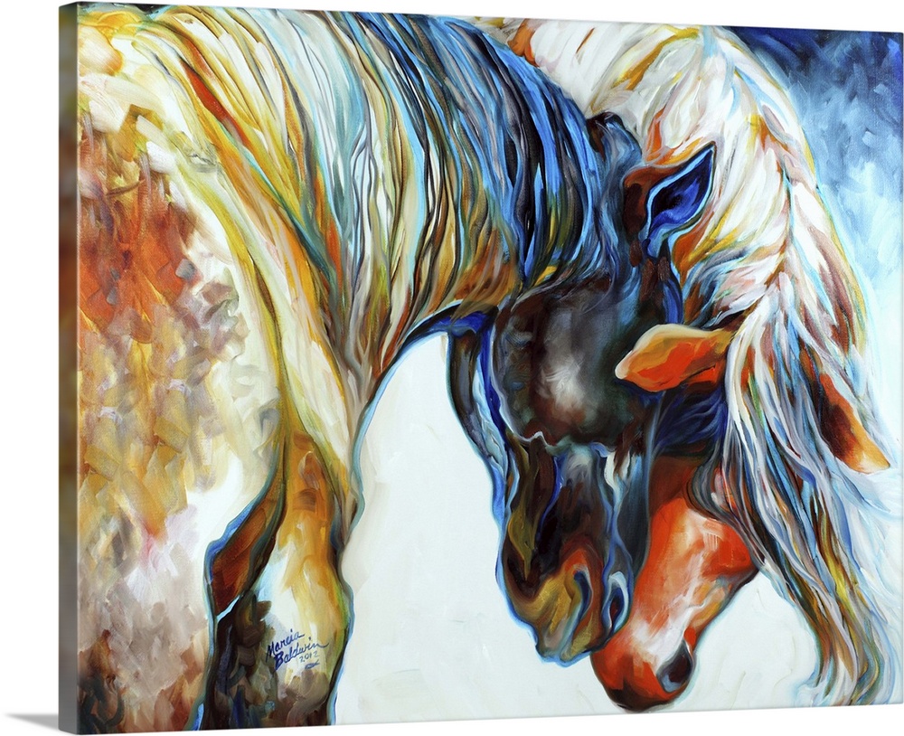 Contemporary painting of two colorful horses nuzzling their heads together.