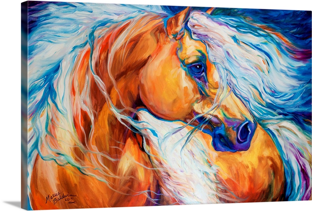 Abstract painting of a Palomino horse with a golden body and a white mane with blue and purple tones running through it.