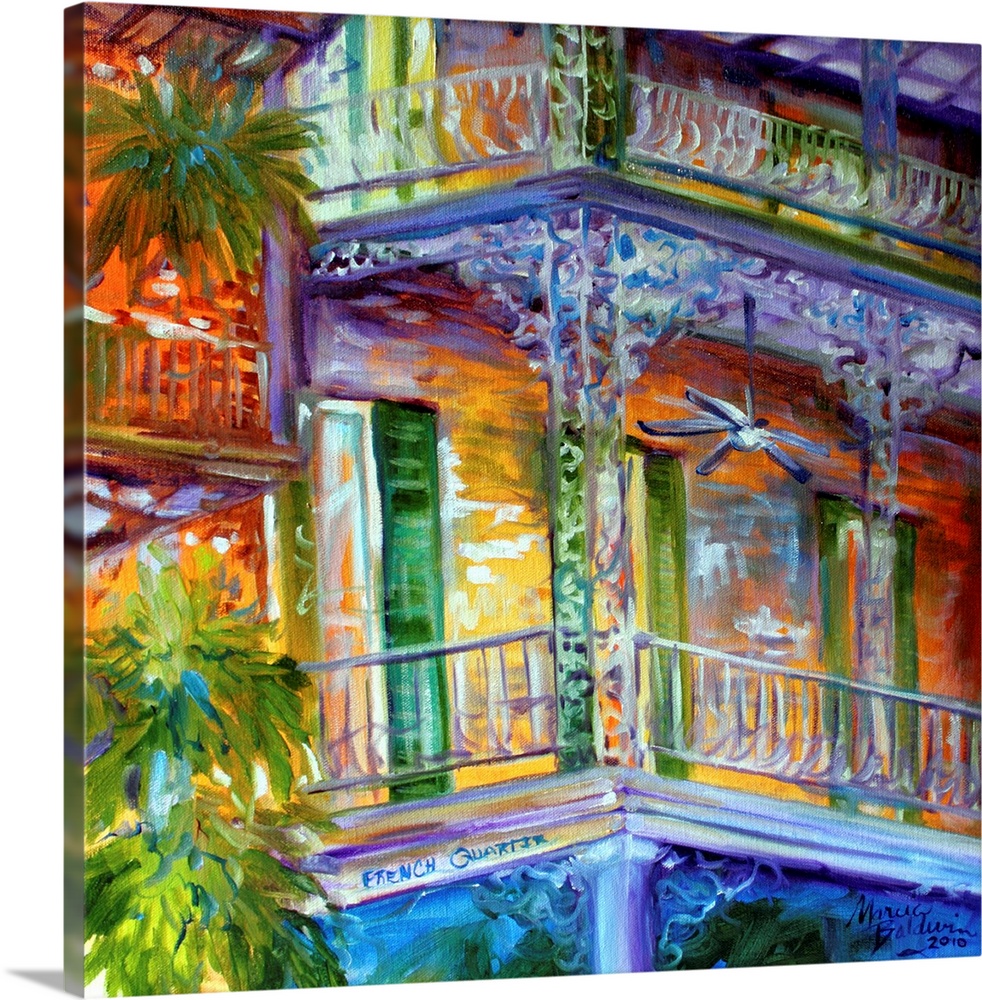 Contemporary square painting depicting a scene in the French Quarters of New Orleans.