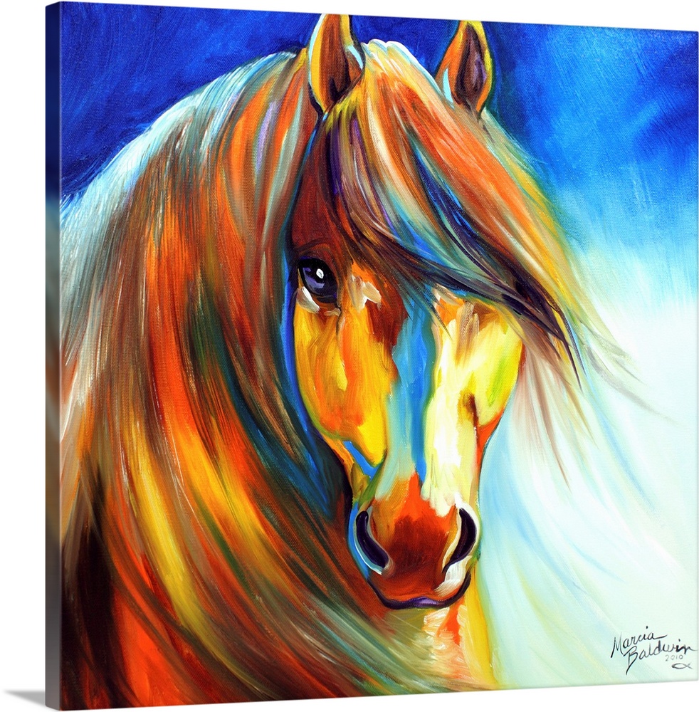 Square painting of a golden Gypsy Vanner horse with a beautiful mane and orange, red, yellow, and blue hues.