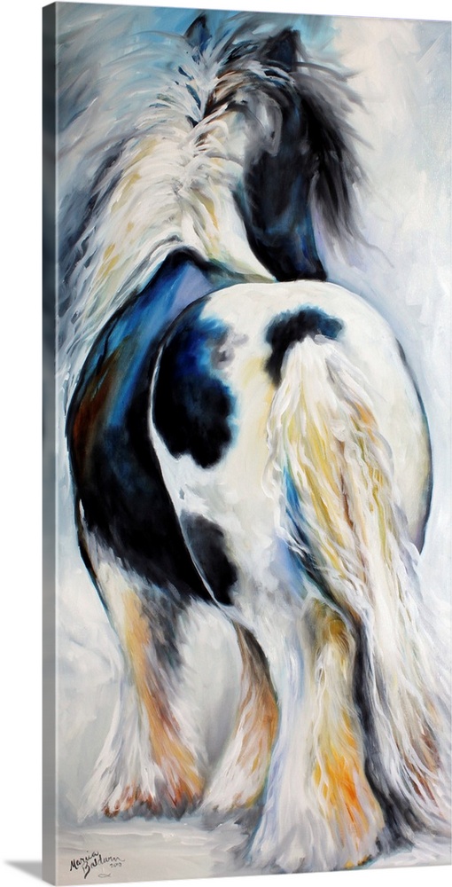 Panel panting of a black and white Gypsy Vanner  horse with both cool and warm highlights and shadows.