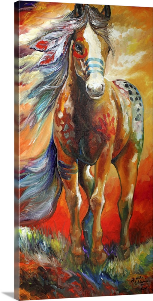 Large panel painting of an Indian War Pony standing up on high plains in warm tones.