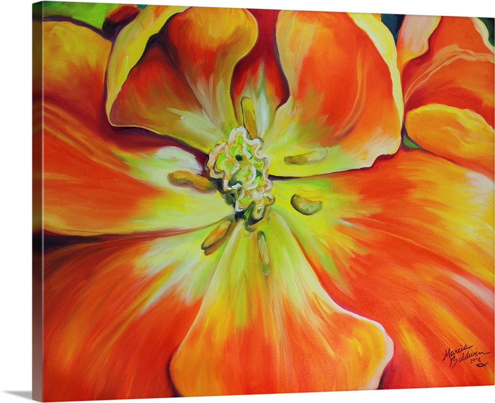 Close-up painting of an orange and yellow tulip with a green background.