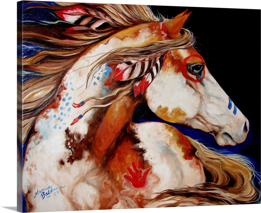 Contemporary painting of an Indian War Horse with painted markings and feathers in its mane.