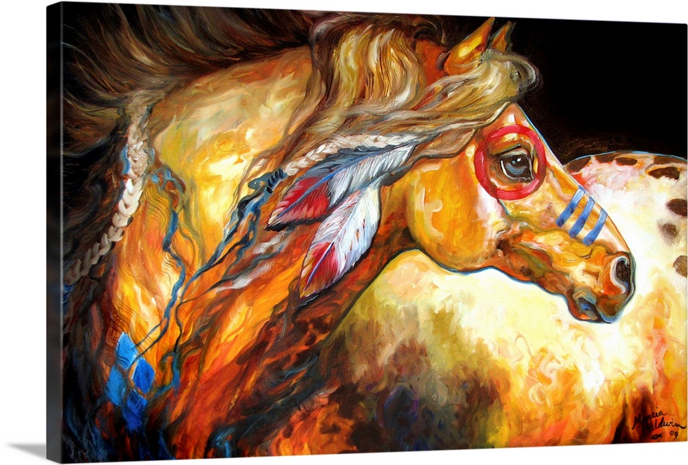 Painting of an Indian war horse with feathers in its mane and war paint all over its body, looking into the golden sun.