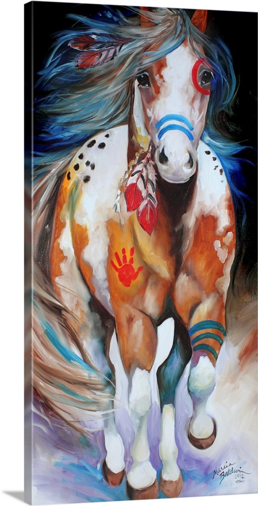 Panel painting of an Indian War Horse in action with red and blue body paint and feathers in its mane.