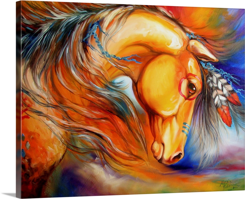 Contemporary painting of a golden Indian War Horse with red and blue body paint and feathers in its mane on a colorful abs...
