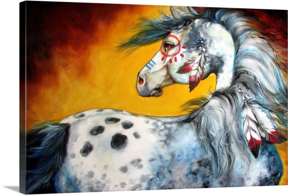 Painting of a black and white Indian war horse with body paint and red and white feathers attached to its mane on a yellow...