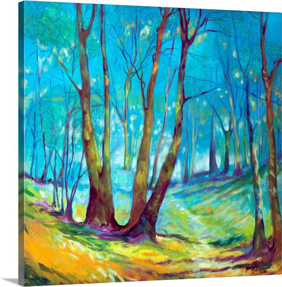 Painting of a mystical wooded walking path with a misty haze and distant wanderings on a square background.