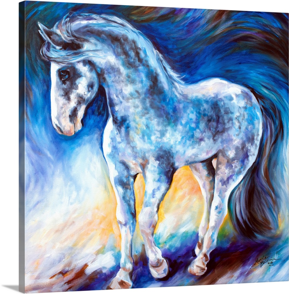 Contemporary painting of a horse made with black, white, and blue hues on an abstract square background.
