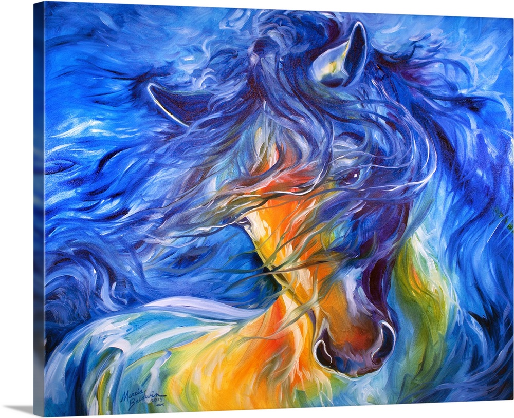 Equine Abstract of a Friesian horse with blue, yellow, orange, and green tones.