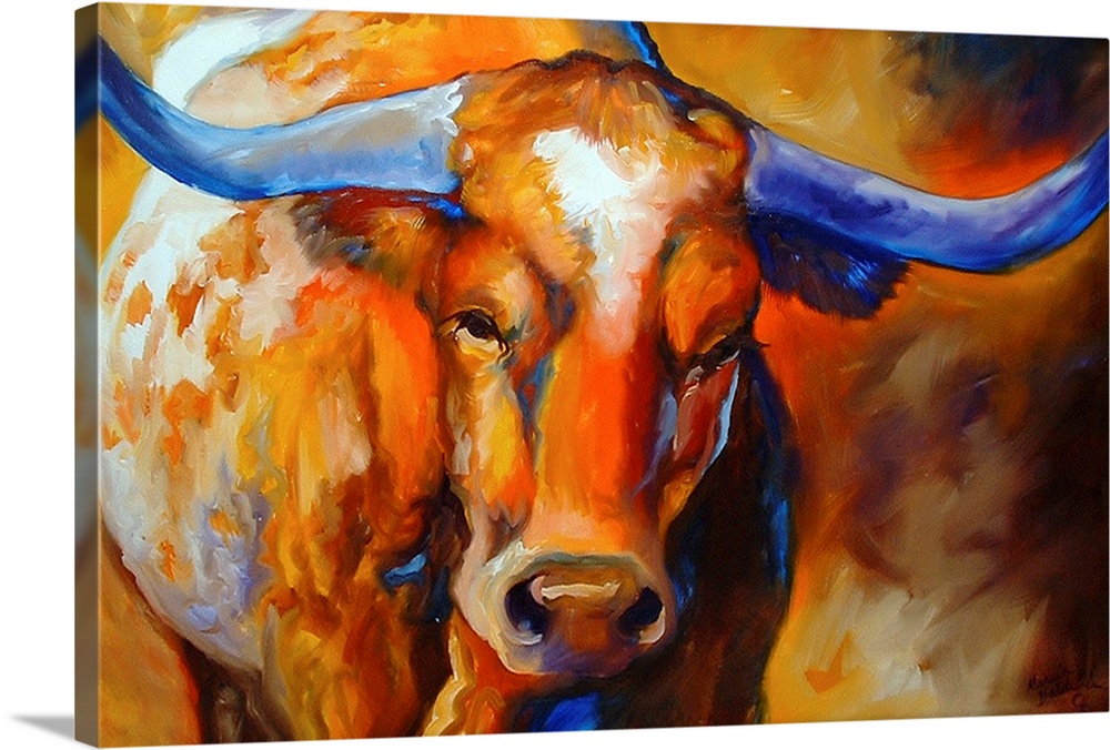 Contemporary painting of a longhorn made with warm hues and cool blues on the horns and throughout the body.