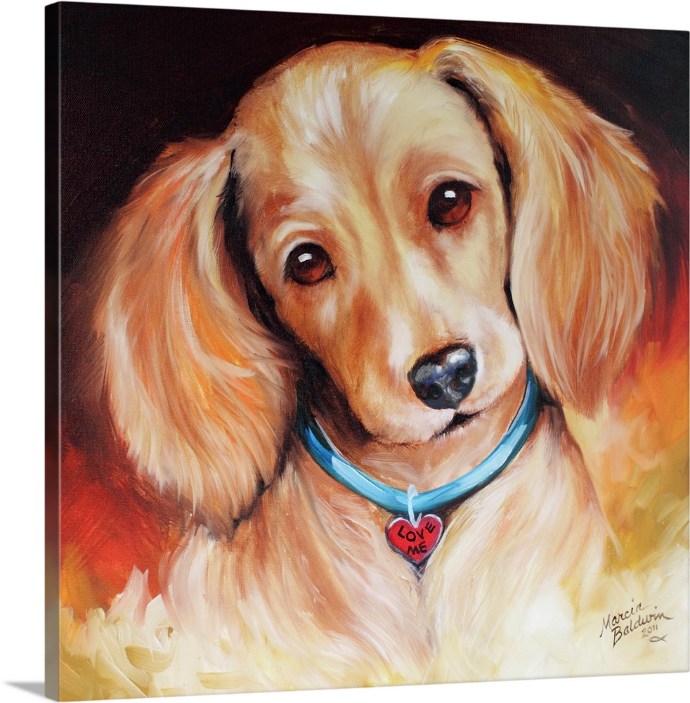 Painting of a blonde dachshund wearing a heart shaped tag that says "Love Me" on a square background.