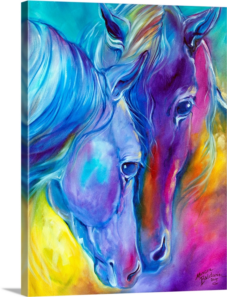 Vibrant painting of two horses pressing their noses together in blue, purple, pink, orange, and yellow hues.