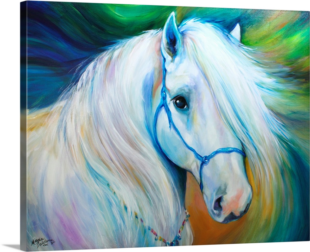 Contemporary painting of a beautiful white horse with purple, blue, and yellow tones on a swirling background.