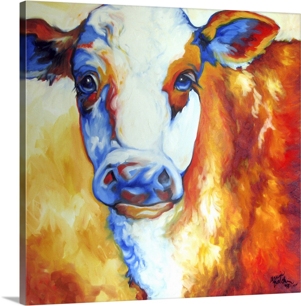 Contemporary painting of a cow made with orange, yellow, red, white, and blue hues on a square background.