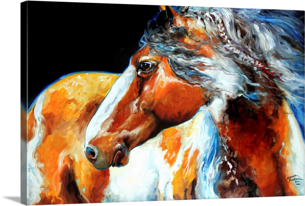 Contemporary painting of an Indian War Horse with feathers in its mane.
