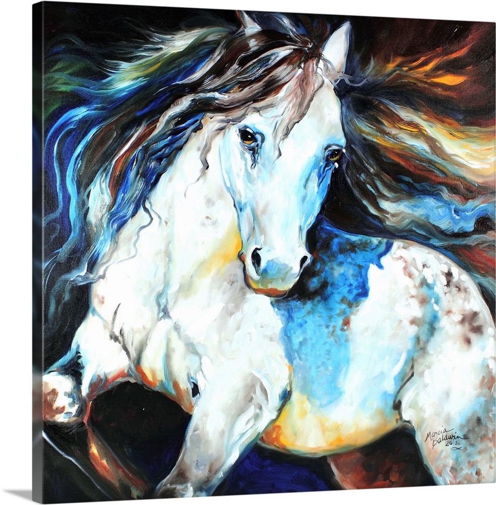 Square painting of an Appaloosa horse in action with a colorful mane.