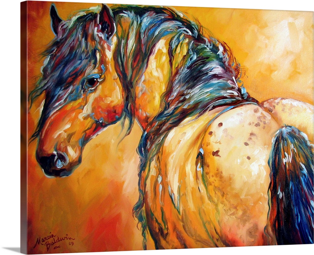 Contemporary painting of horse in warm orange, yellow, and red tones with cool colors in its mane.