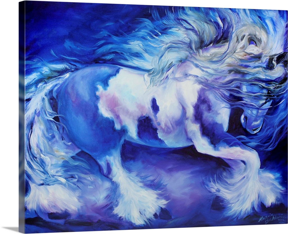 Contemporary painting of a horse in action in cool blue, purple, gray, and white hues.