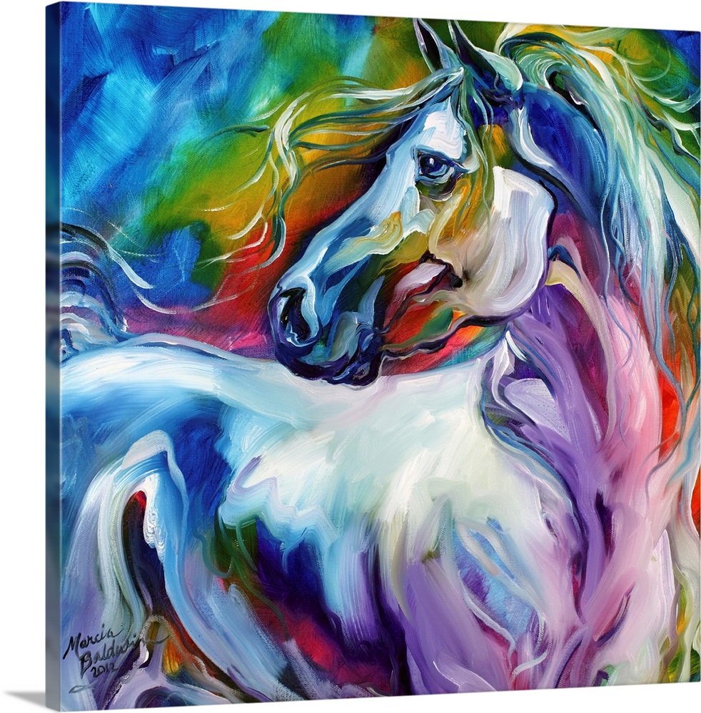 Square painting of a horse made up with rainbow colors.