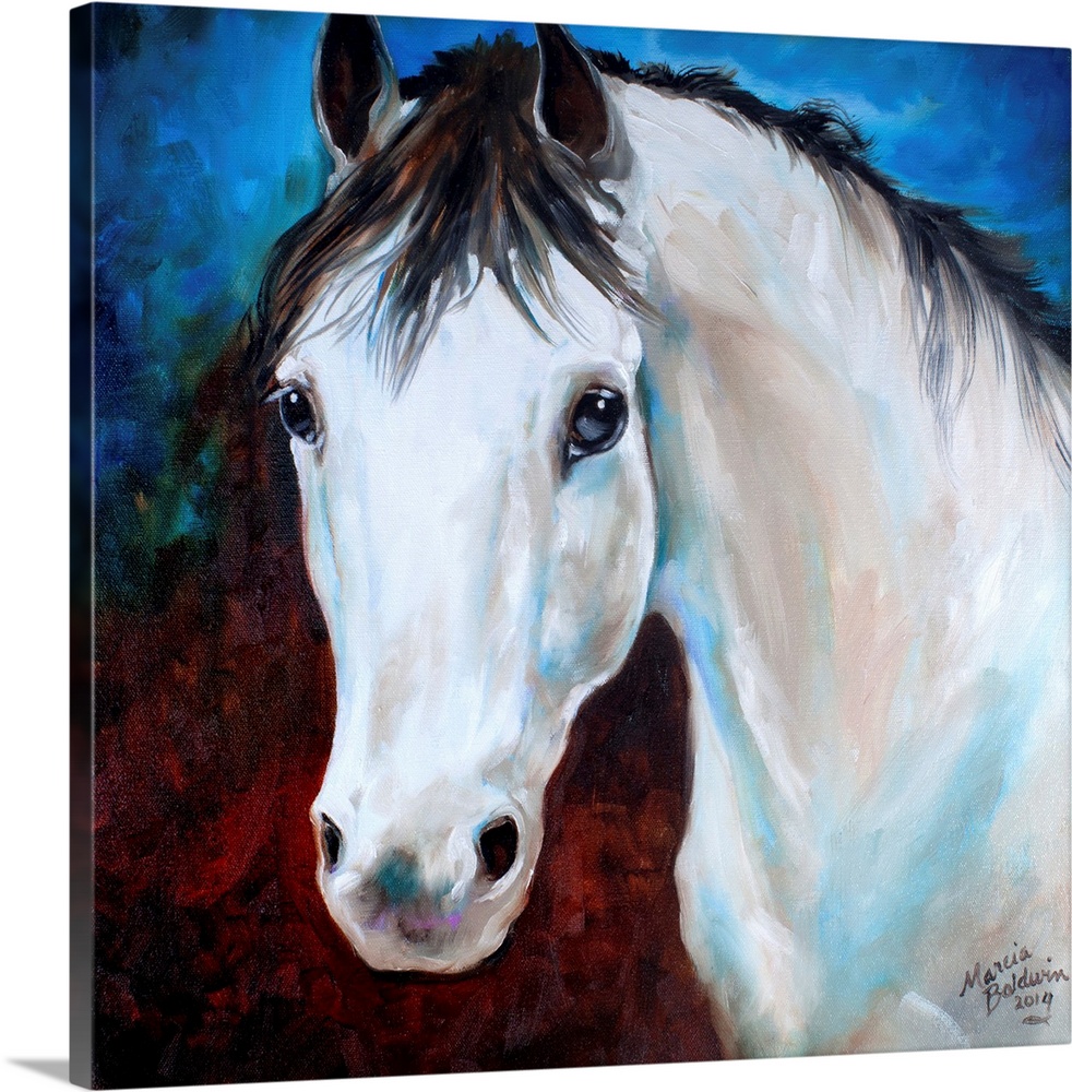Painting of a white horse with a black mane on a dark red and blue square background.