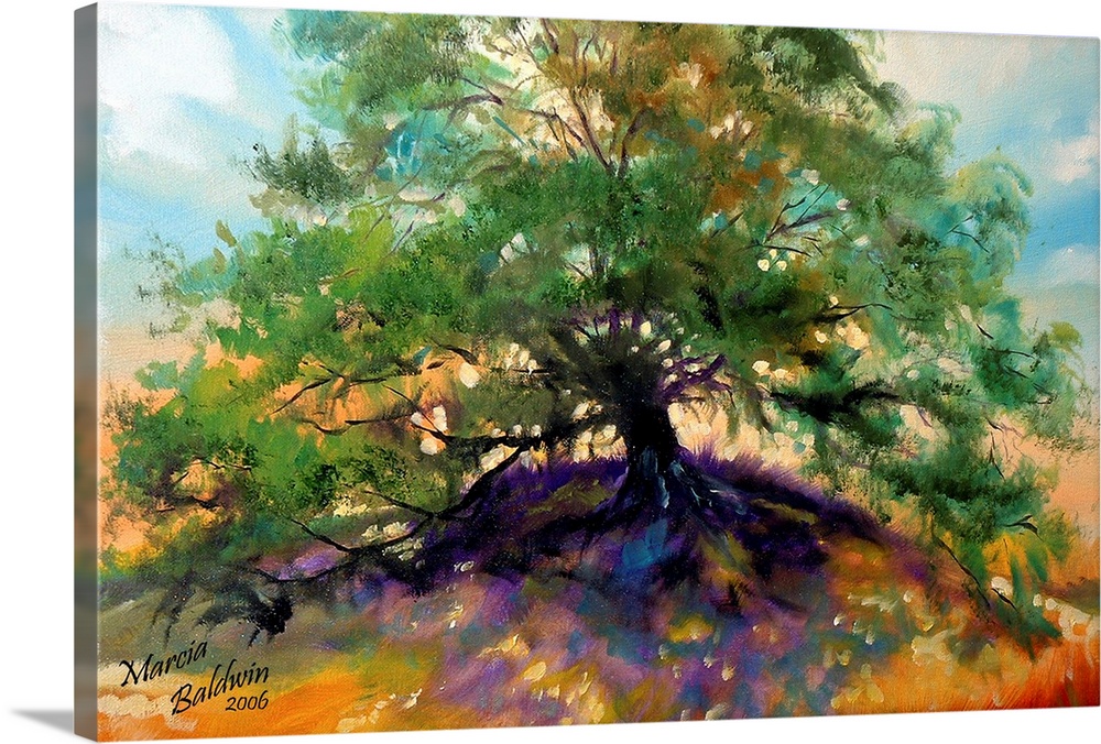 Contemporary painting of a large oak tree with green leaves casting purple and blue shadows on the grass underneath.