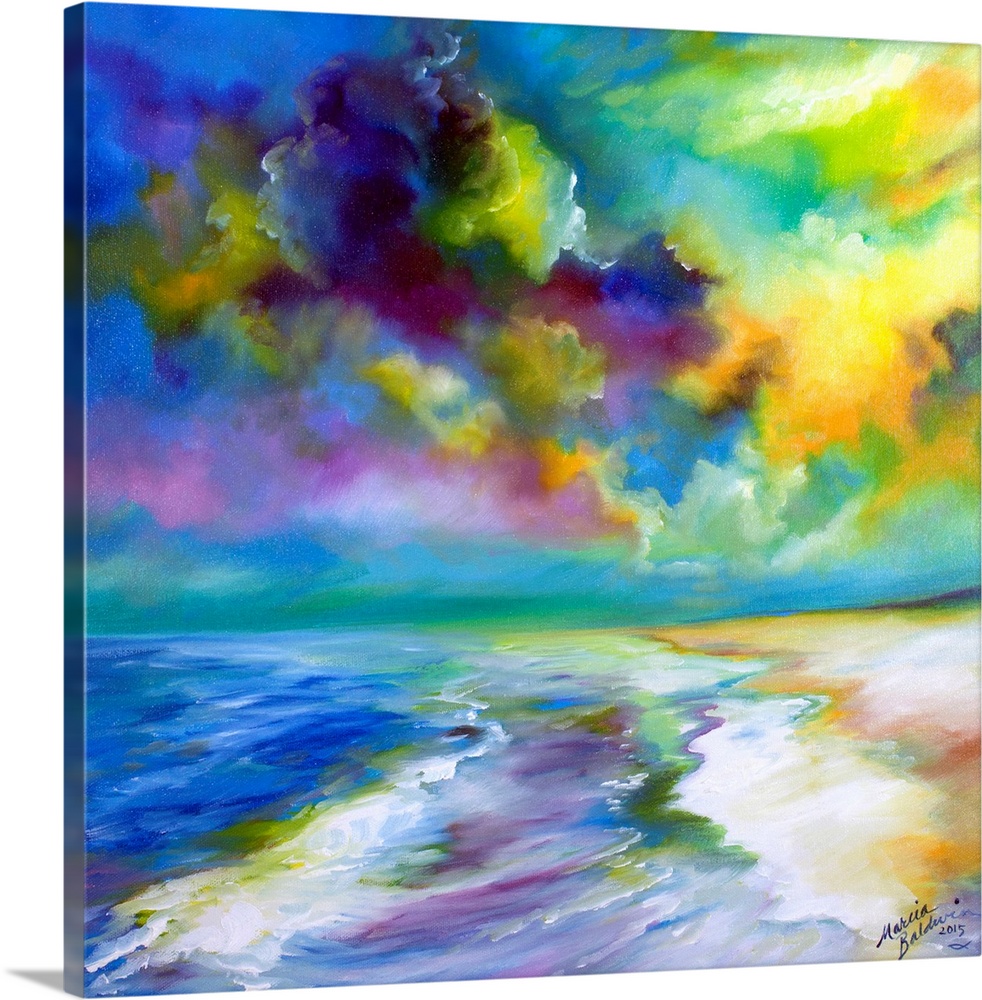 Vibrant painting of the ocean and a dramatic, cloudy sky in blue, green, purple, yellow, and white hues on a square backgr...