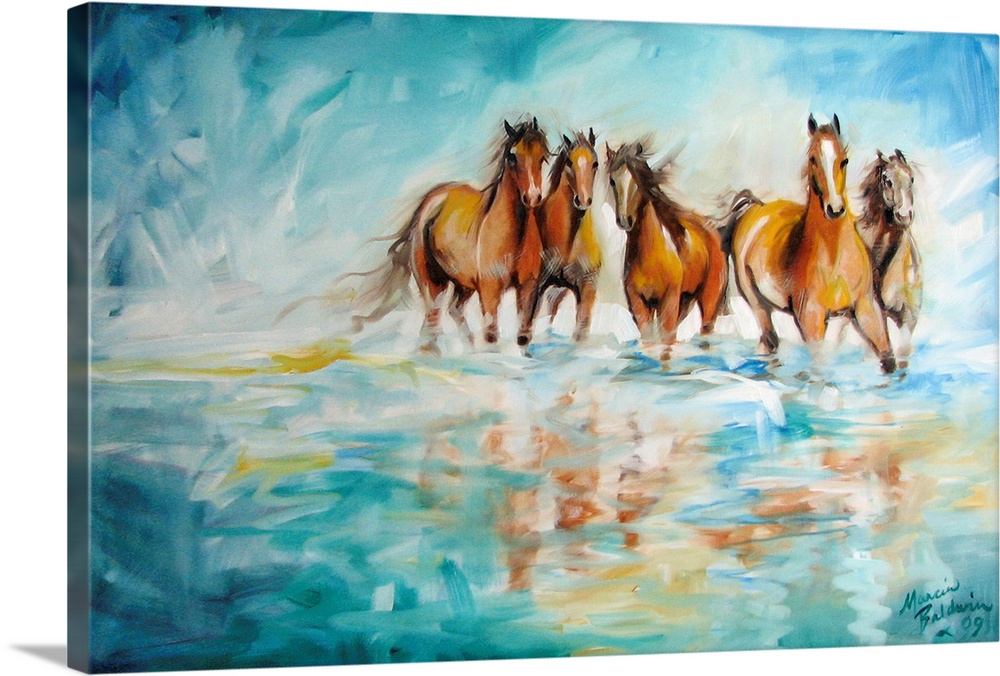 Contemporary painting of five wild horses in a coastal setting and reflecting on to the water.