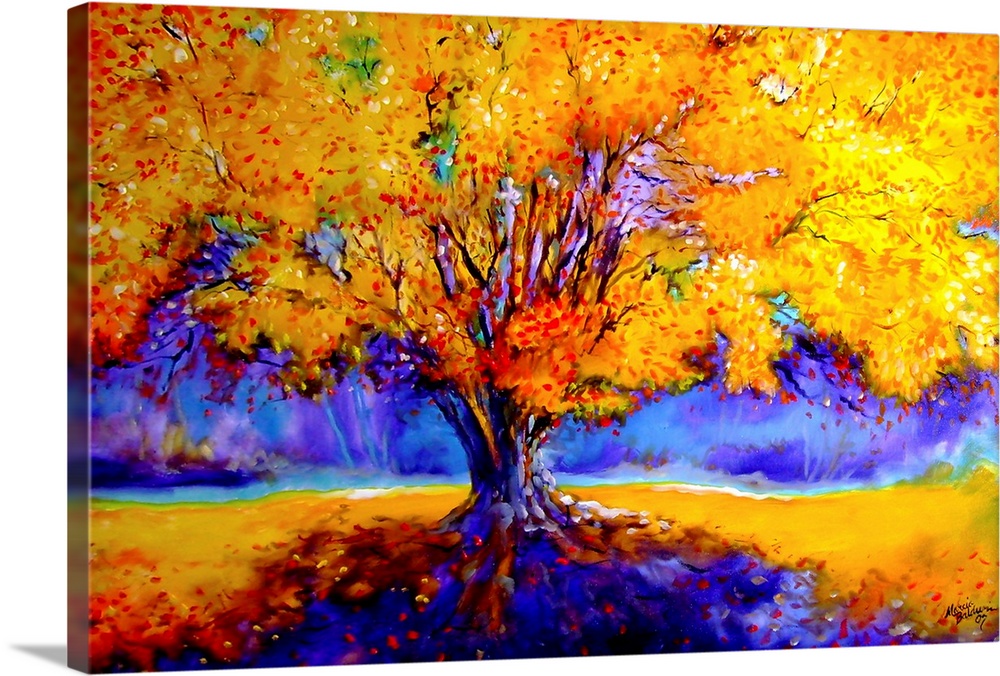 Painting of an old oak tree in Autumn colors and vibrant shadows.