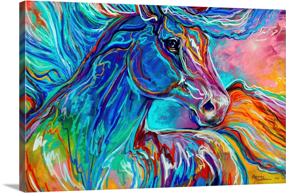 Abstract painting of a horse with its mane and tail flowing around the canvas in vibrant colors/