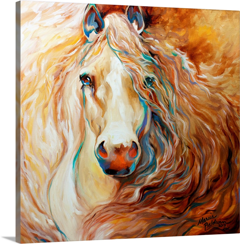 Square painting of a brown toned horse with blue highlights.