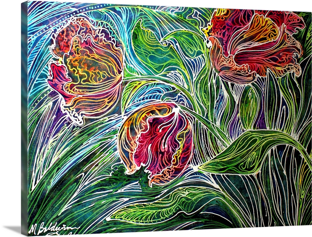 Three blossoms of the parrot tulip captured on canvas using a technique of Batik and watercolor.