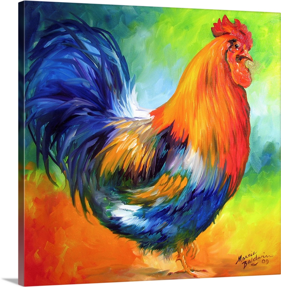 Square painting of a red, orange, and blue rooster on a colorful background.