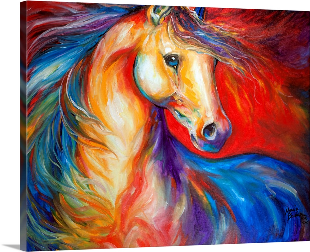 Painting capturing the wild horse mustang on canvas with the sense of freedom, bold and expressive brush stokes in bold co...