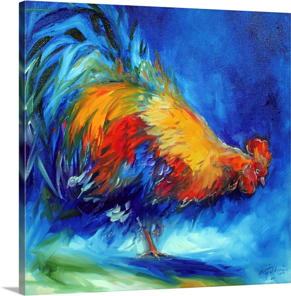 Square painting of a colorful rooster created with vibrant blue, red, and gold hues.