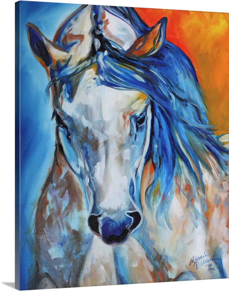 Contemporary painting of a white and blue horse with warm tones mixed in on a half blue and half orange background.