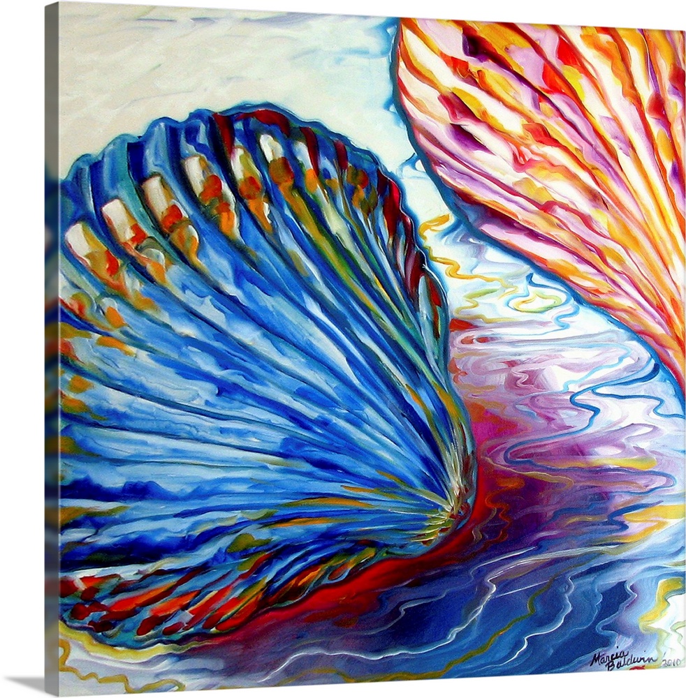 Square painting of colorful seashells on a background with yellow, blue, and white wavy lines representing the ocean water.